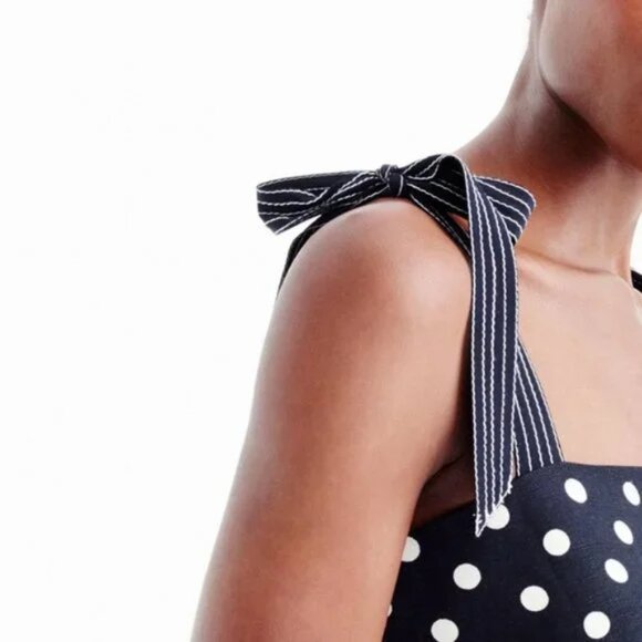 J. Crew | Navy Blue/White Polka Dot Linen/Silk Blend Tie-Shoulder Dress 4 - Picture 2 of 8